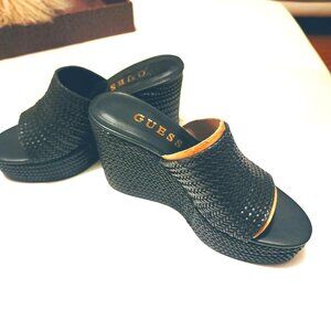 Guess Yenisa Woven Platform Wedge Slip-on Sandals Black Size 11M NWOB